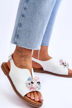 Damskie Skórzane Sandały Z Kamieniami Białe Mersea