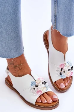 Damskie Skórzane Sandały Z Kamieniami Białe Mersea