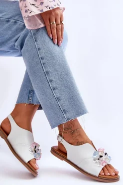 Damskie Skórzane Sandały Z Kamieniami Białe Mersea