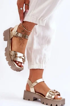 Damskie Skórzane Sandały Z Ozdobą Złote Emori