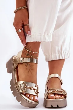 Damskie Skórzane Sandały Z Ozdobą Złote Emori