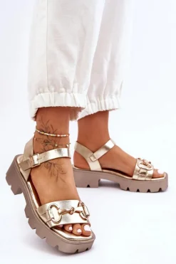 Damskie Skórzane Sandały Z Ozdobą Złote Emori