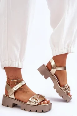 Damskie Skórzane Sandały Z Ozdobą Złote Emori