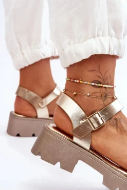 Damskie Skórzane Sandały Z Ozdobą Złote Emori