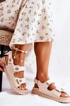 Damskie Skórzane Sandały Z Ozdobą Beżowe Halis