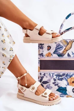 Damskie Skórzane Sandały Z Ozdobą Beżowe Halis