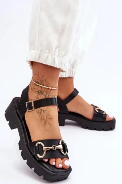 Damskie Skórzane Sandały Z Ozdobą Czarne Emori