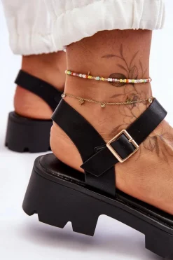 Damskie Skórzane Sandały Z Ozdobą Czarne Emori