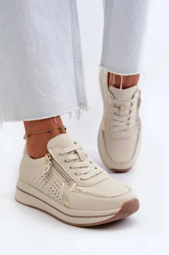 Damskie Skórzane Sneakersy Na Platformie Beżowe Ligustra