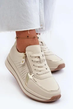 Damskie Skórzane Sneakersy Na Platformie Beżowe Ligustra