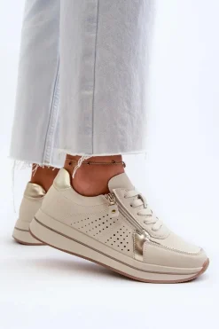 Damskie Skórzane Sneakersy Na Platformie Beżowe Ligustra