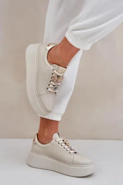 Damskie Skórzane Sneakersy Na Platformie Z Ozdobami CheBello 4292 Jasnobeżowe