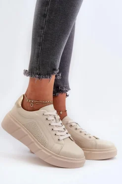 Damskie Skórzane Sneakersy Na Platformie Beżowe Gatira