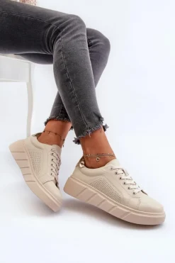 Damskie Skórzane Sneakersy Na Platformie Beżowe Gatira