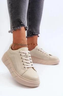 Damskie Skórzane Sneakersy Na Platformie Beżowe Gatira