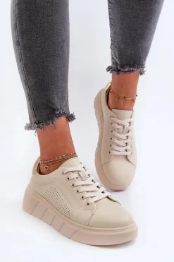 Damskie Skórzane Sneakersy Na Platformie Beżowe Gatira
