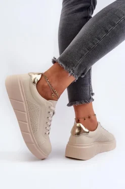 Damskie Skórzane Sneakersy Na Platformie Beżowe Gatira