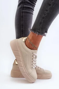 Damskie Skórzane Sneakersy Na Platformie Beżowe Gatira