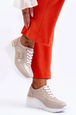 Damskie Skórzane Sneakersy Na Koturnie Złote Beatris