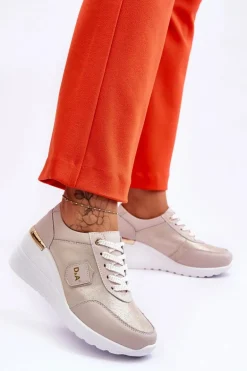 Damskie Skórzane Sneakersy Na Koturnie Złote Beatris