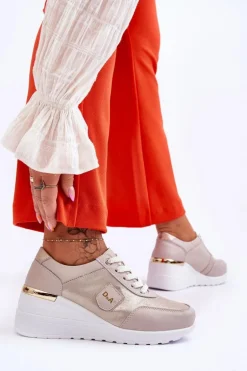Damskie Skórzane Sneakersy Na Koturnie Złote Beatris