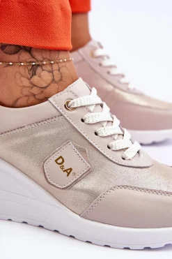 Damskie Skórzane Sneakersy Na Koturnie Złote Beatris