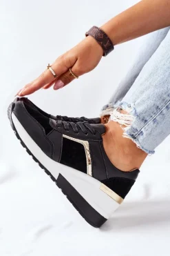 Damskie Skórzane Sneakersy Na Koturnie Czarne Białe Manitoba