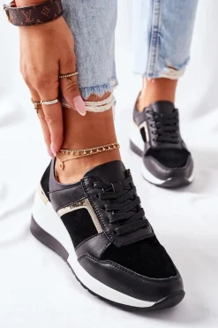 Damskie Skórzane Sneakersy Na Koturnie Czarne Białe Manitoba