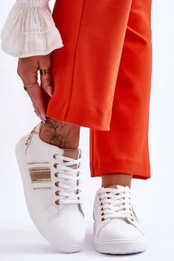 Damskie Skórzane Sneakersy Z Ćwiekami Biało-Złote Dory