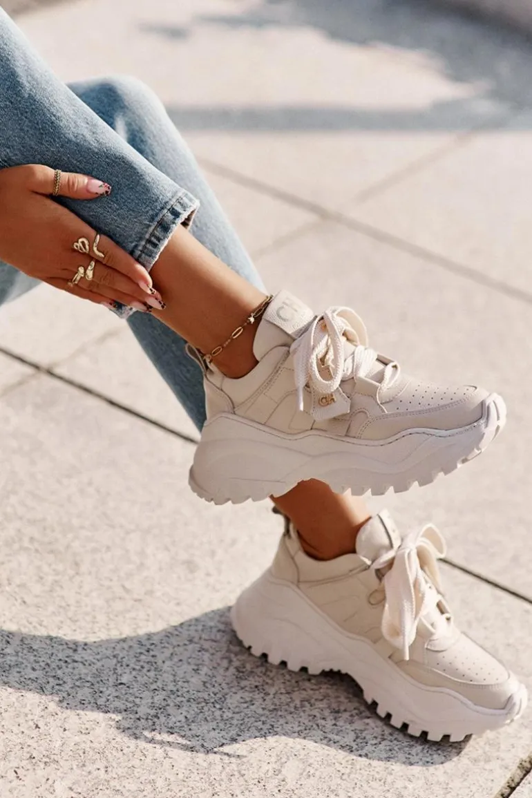 Damskie Skórzane Sneakersy Beżowe CheBello 4583