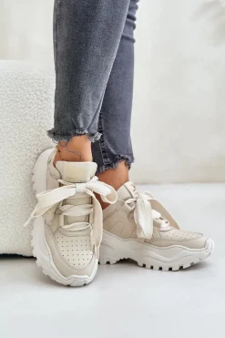 Damskie Skórzane Sneakersy Beżowe CheBello 4583