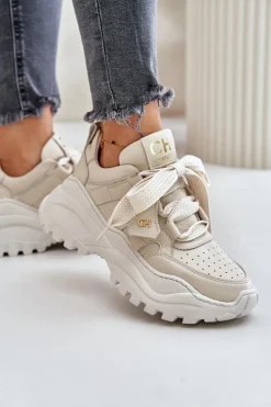 Damskie Skórzane Sneakersy Beżowe CheBello 4583