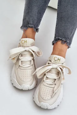 Damskie Skórzane Sneakersy Beżowe CheBello 4583