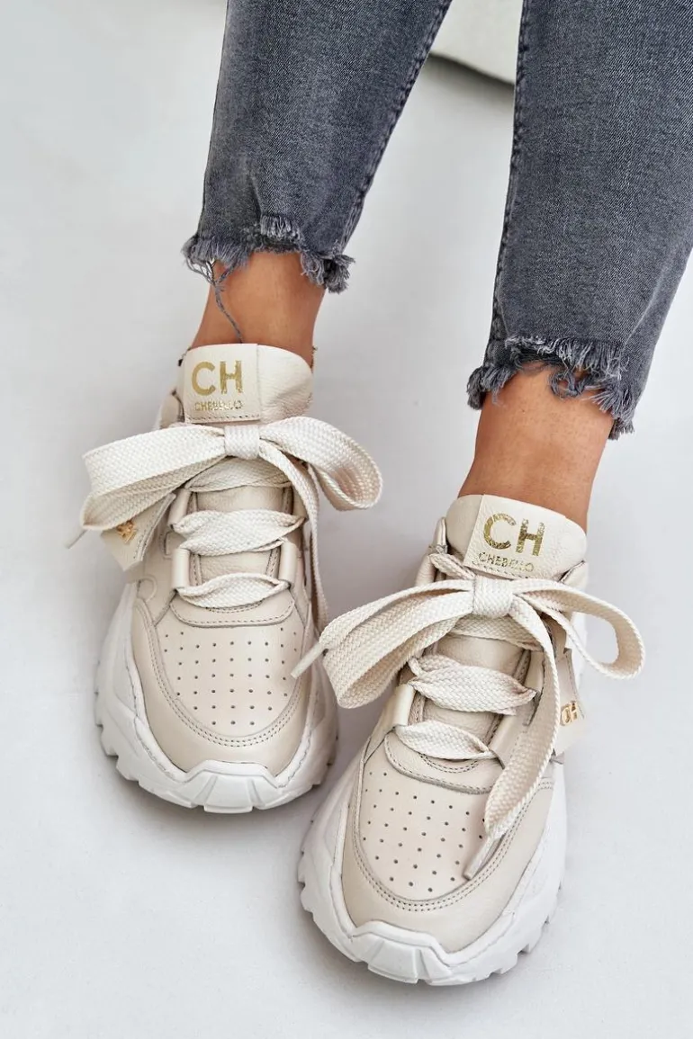 Damskie Skórzane Sneakersy Beżowe CheBello 4583