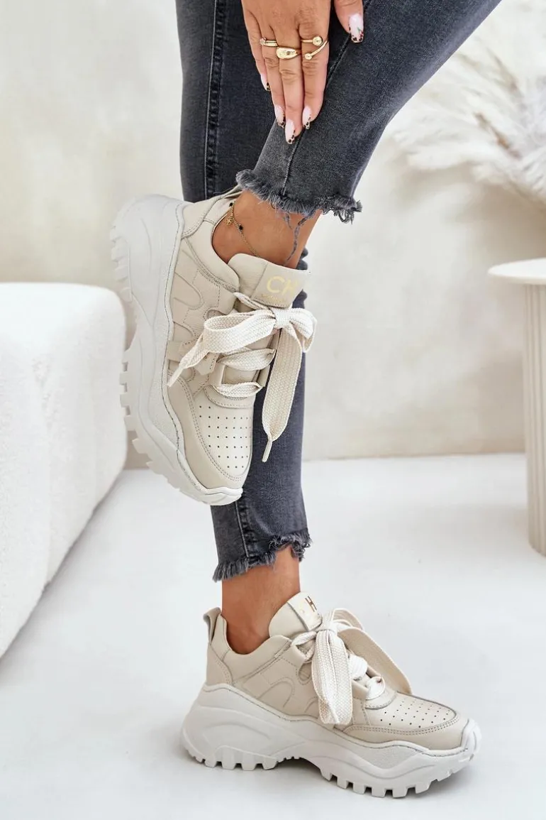 Damskie Skórzane Sneakersy Beżowe CheBello 4583