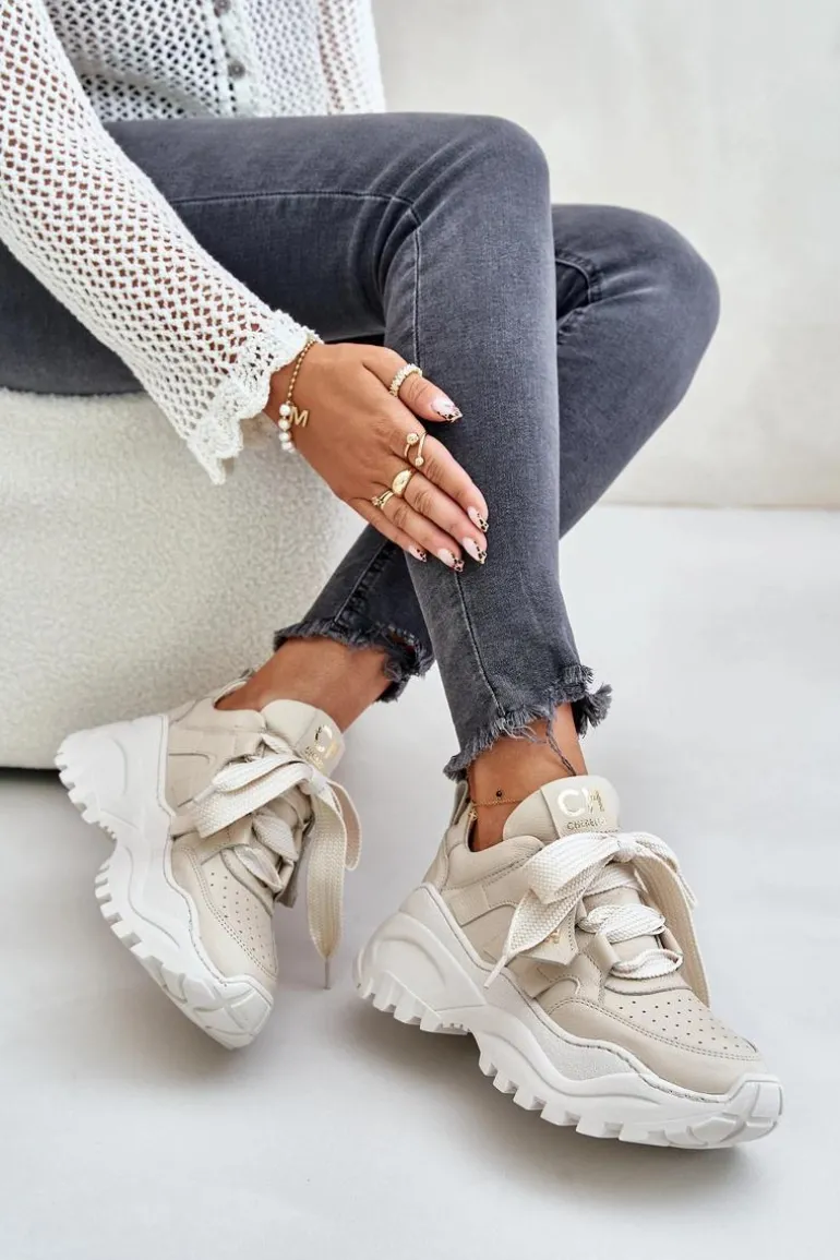 Damskie Skórzane Sneakersy Beżowe CheBello 4583