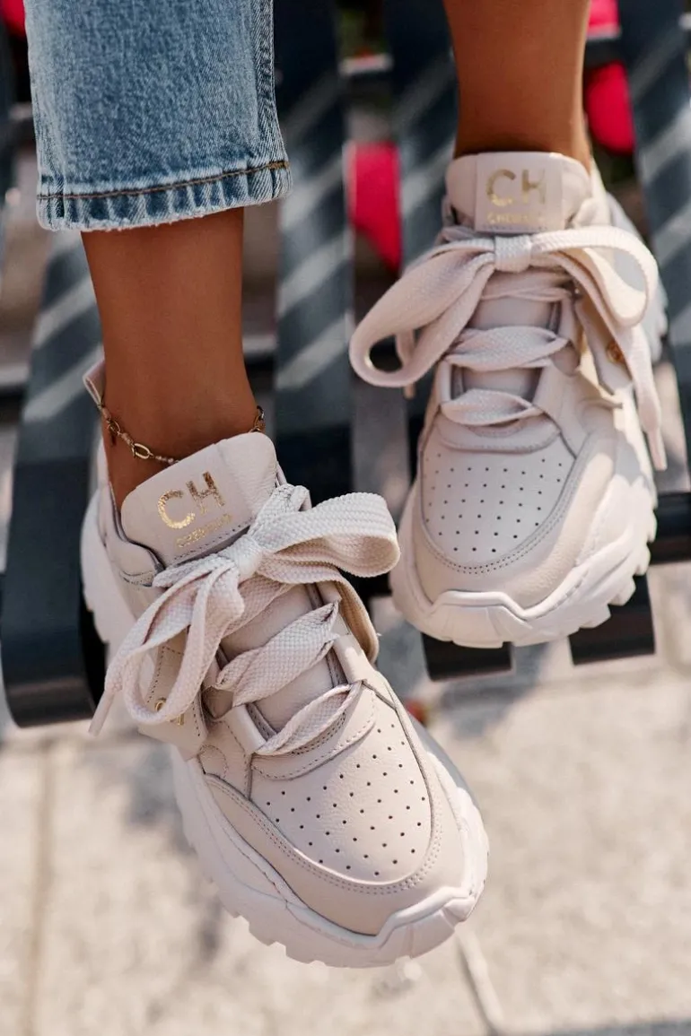 Damskie Skórzane Sneakersy Beżowe CheBello 4583