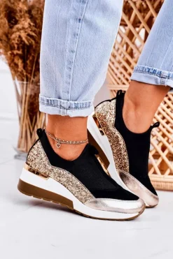 Damskie Skórzane Sneakersy Na Koturnie Czarne Złote Frances