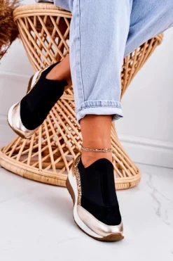 Damskie Skórzane Sneakersy Na Koturnie Czarne Złote Frances