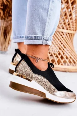 Damskie Skórzane Sneakersy Na Koturnie Czarne Złote Frances