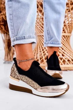 Damskie Skórzane Sneakersy Na Koturnie Czarne Złote Frances