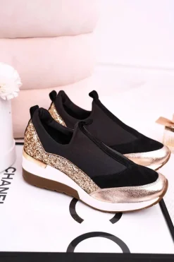 Damskie Skórzane Sneakersy Na Koturnie Czarne Złote Frances