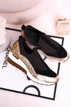 Damskie Skórzane Sneakersy Na Koturnie Czarne Złote Frances