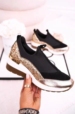 Damskie Skórzane Sneakersy Na Koturnie Czarne Złote Frances