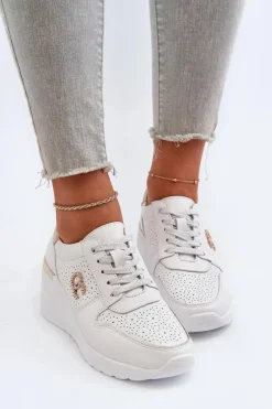 Damskie Skórzane Sneakersy Na Koturnie Białe D&A LR810