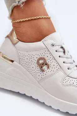 Damskie Skórzane Sneakersy Na Koturnie Białe D&A LR810