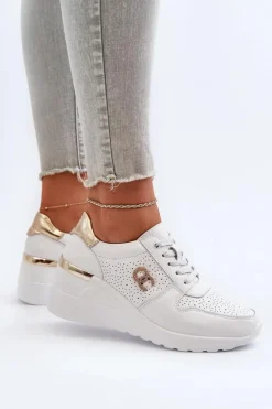 Damskie Skórzane Sneakersy Na Koturnie Białe D&A LR810