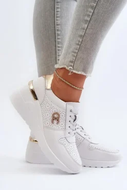 Damskie Skórzane Sneakersy Na Koturnie Białe D&A LR810