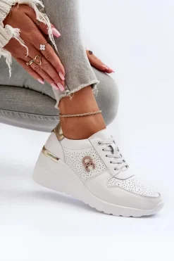 Damskie Skórzane Sneakersy Na Koturnie Białe D&A LR810