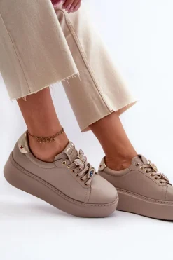 Damskie Skórzane Sneakersy Z Ozdobami CheBello 4292 Beżowe